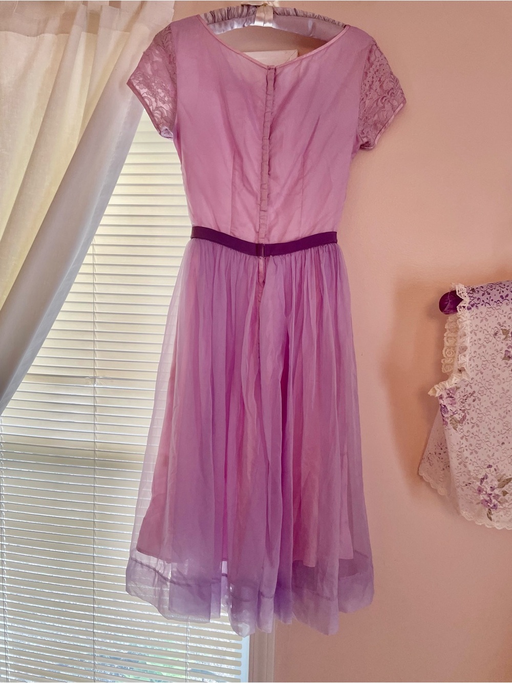 1960s Lavender Lace Cupcake Party Dress with Grosgrain Ribbon Waist Back Zip - Picture 9 of 12